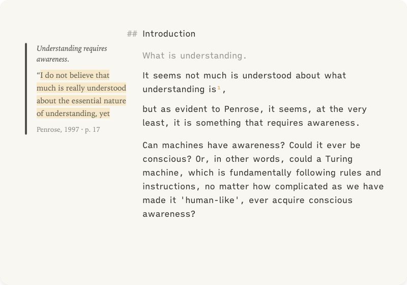 A reading highlight beside the draft, connected to its citation.